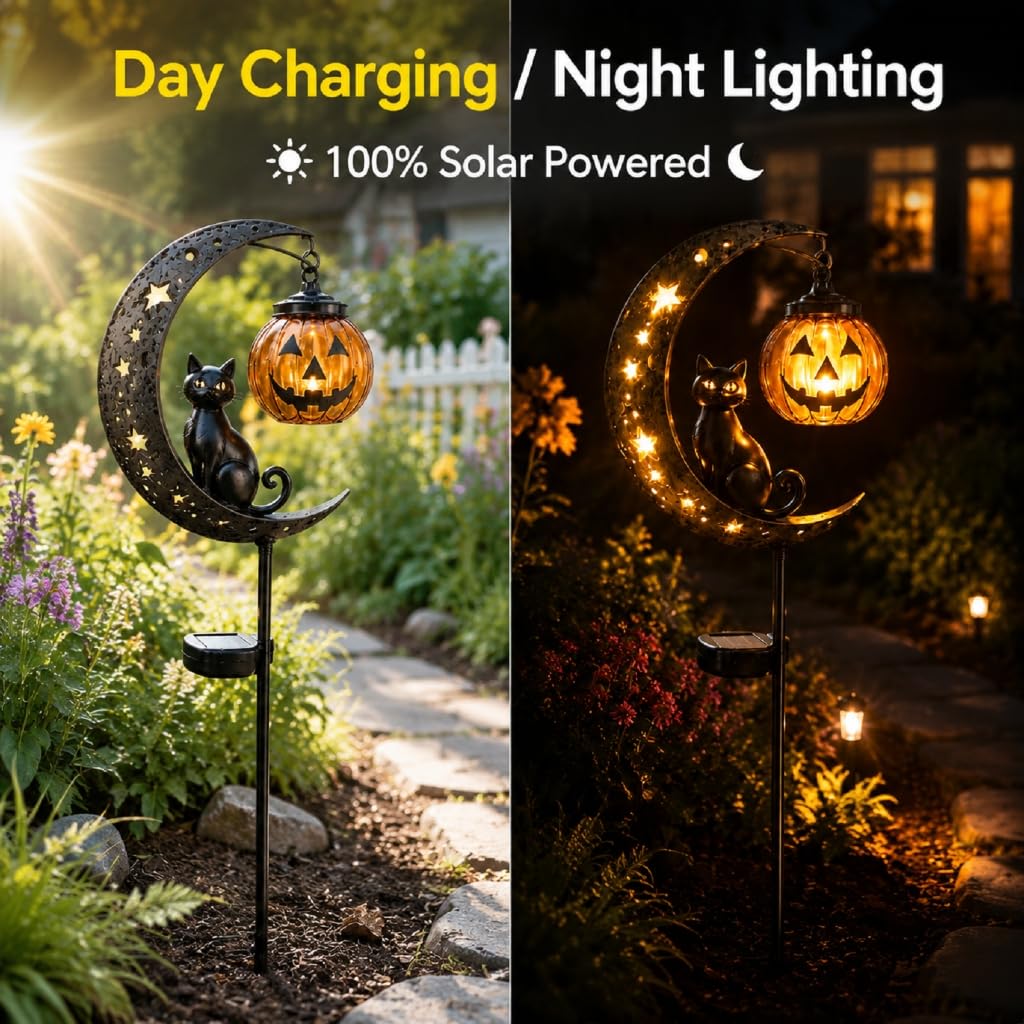 Lampe solaire d'Halloween en forme de chat noir et citrouille - Décoration de jardin LED étanche - Décoration d'allée en verre craquelé à suspendre - Citrouille creuse en métal pour cour