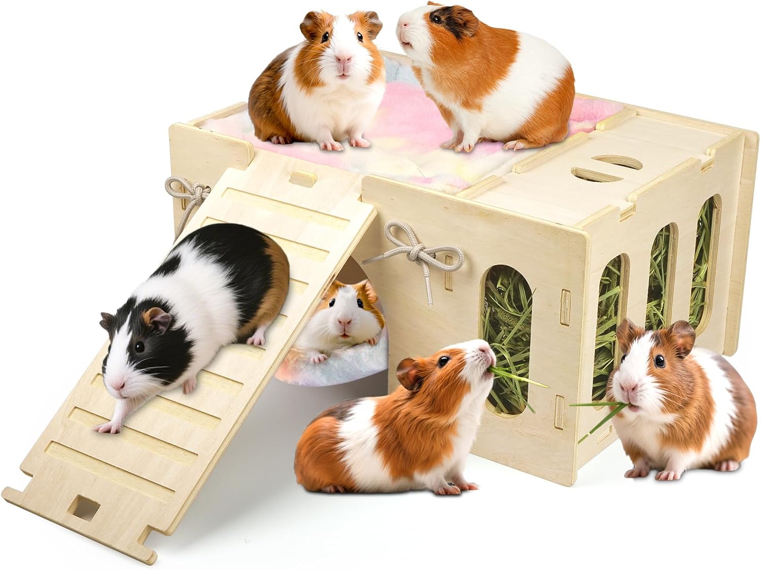 4 in 1 Upgraded Guinea Pig Hideout, Large Guinea Pig Castle with Hay Feeder, Hammock, House and Ramp, Easy to Assemble Wooden Guinea Pigs Toy for Chinchilla Rabbit Guinea Pigs Accessories
