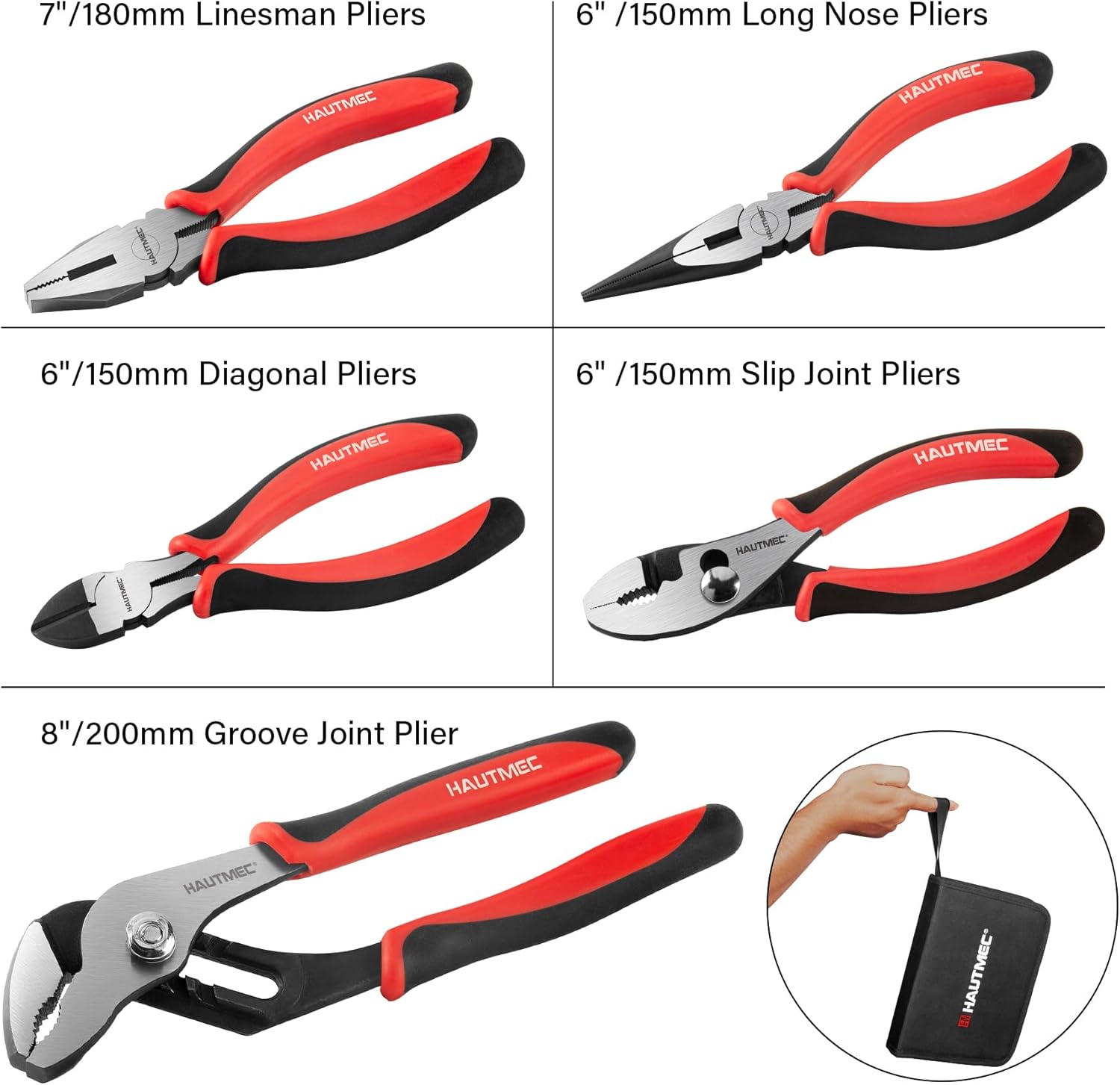 HAUTMEC 5-Piece Pliers Set with Bi-Material, Including 6" Slip-joint, Long Nose, Diagonal Cutters, 7" Linesman Plier, 8" Groove Joint Pliers, for Home Maintenance, Basic Repair & DIY，HTPTM25035-N3