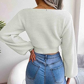 【BAON】23SS★ [BAON] Volk Cotton Crop Jumper Estink Women Cropped V Neck Bow Knot Sweater Casual Long