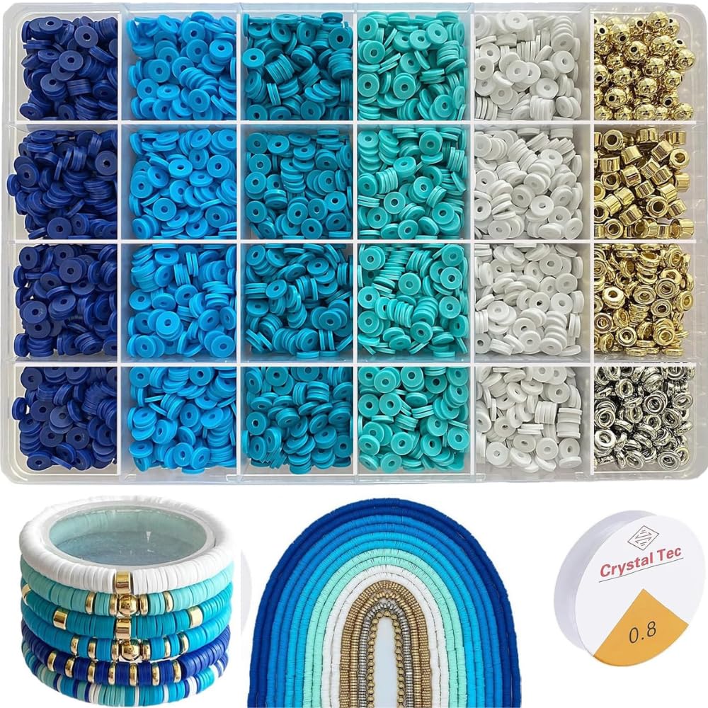 Hudux Clay Beads Bracelet Making Kit, 5500 Heishi Beads, 14 Strands, Blue-image-1