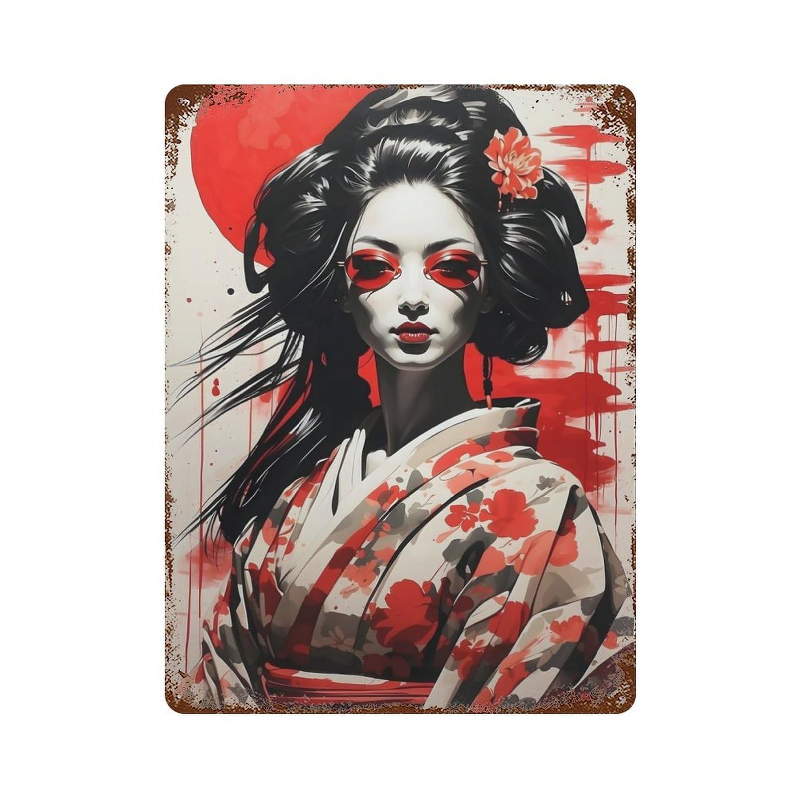 Japane Girl Geisha Vintage Wall Sign 15.7"x11.8", Rust Effect Metal Decor for Farmhouse, Kitchen And Entryway Decor
