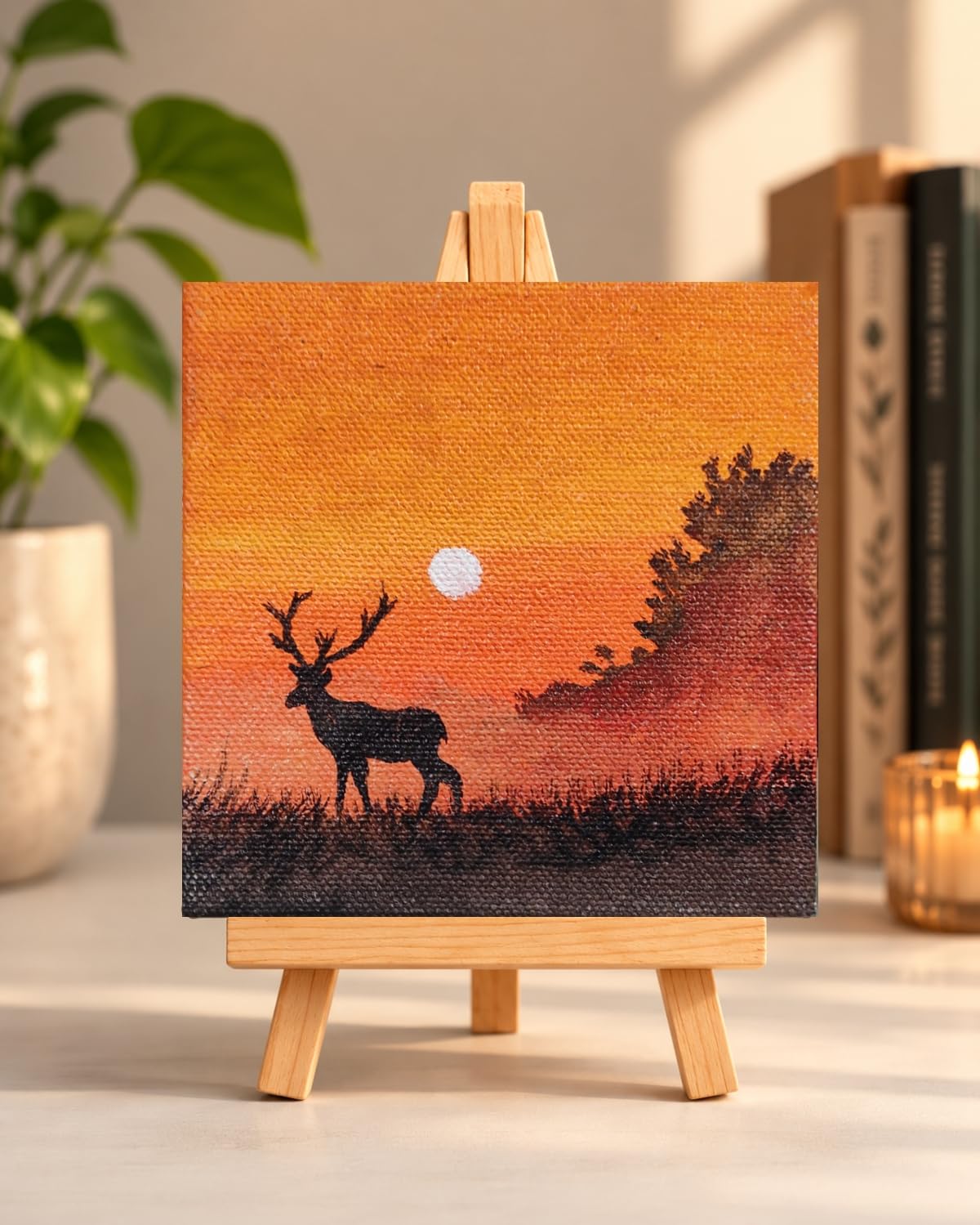 Mini Deer Sunset Acrylic Painting on Canvas with easel stand, 4x4 Inch | Deer in sunset Canvas Art, Tabletop Display, Handcrafted, Home Decor-picture-20