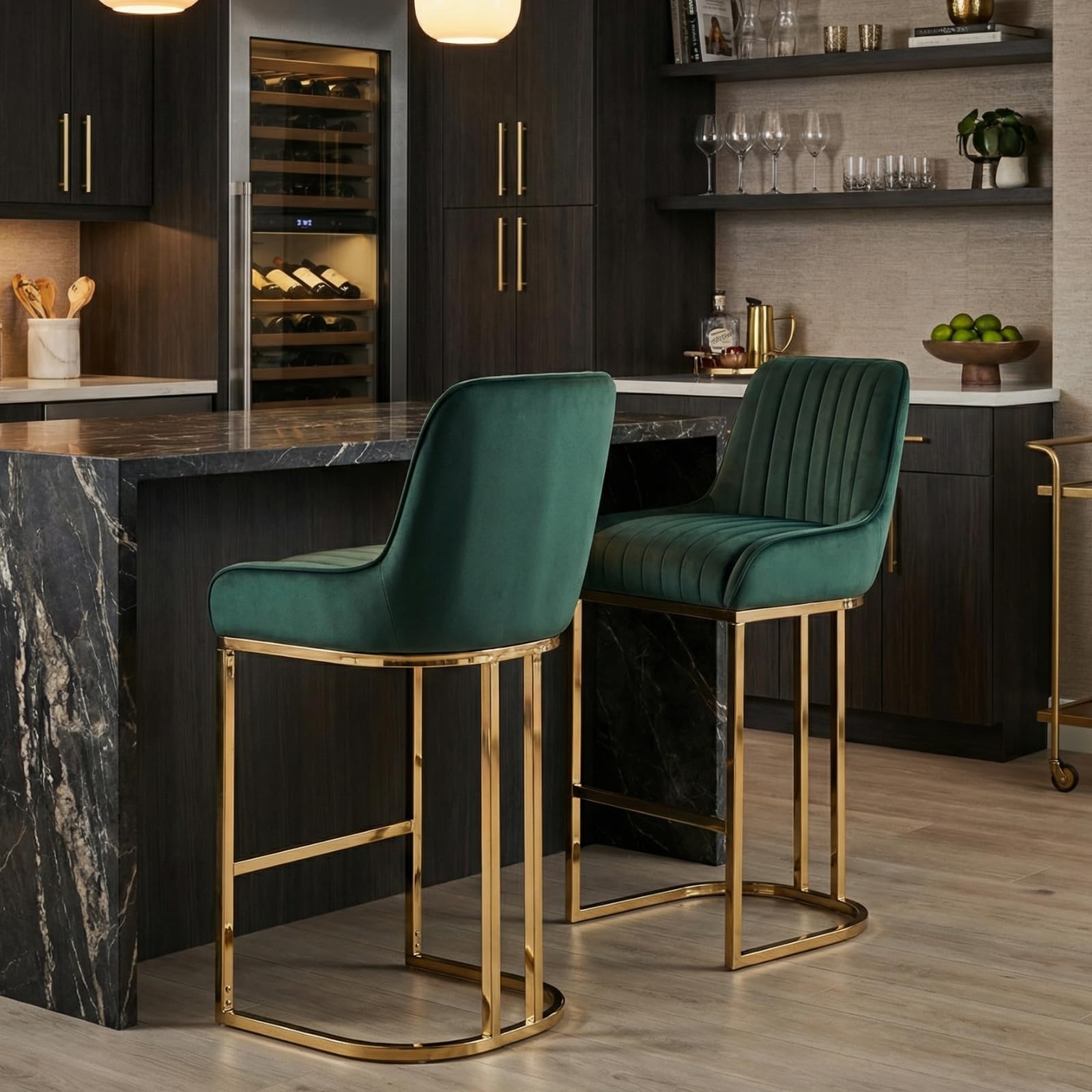 CIMOTA Counter Height Bar Stools Set of 2 with Back Modern Kitchen Counter Stools with Gold Legs Velvet Island Chairs Comfy Stripe Barstools for
