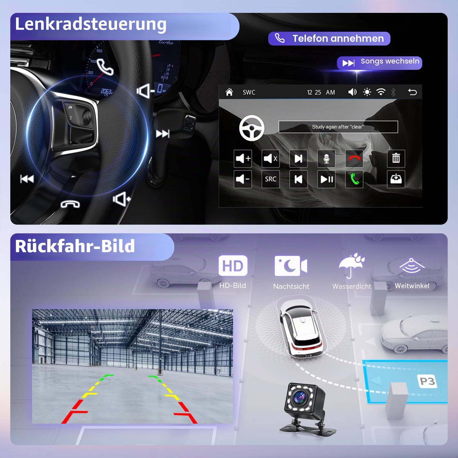 Rimoody Autoradio 1 DIN mit Wireless CarPlay & Android Auto, 9 Zoll Touchscreen, Mirror Link, DVR, Lenkradsteuerung, 12-LED Rückfahrkamera, für Auto