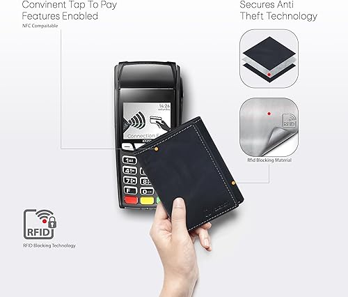 Miniatura 4 de Cartera de cuero genuino RFID bloqueo delgado Trifold para 6 tarjetas+1 ventana de identificación+2 compartimentos de anotaciones., cartera Rfid, S,