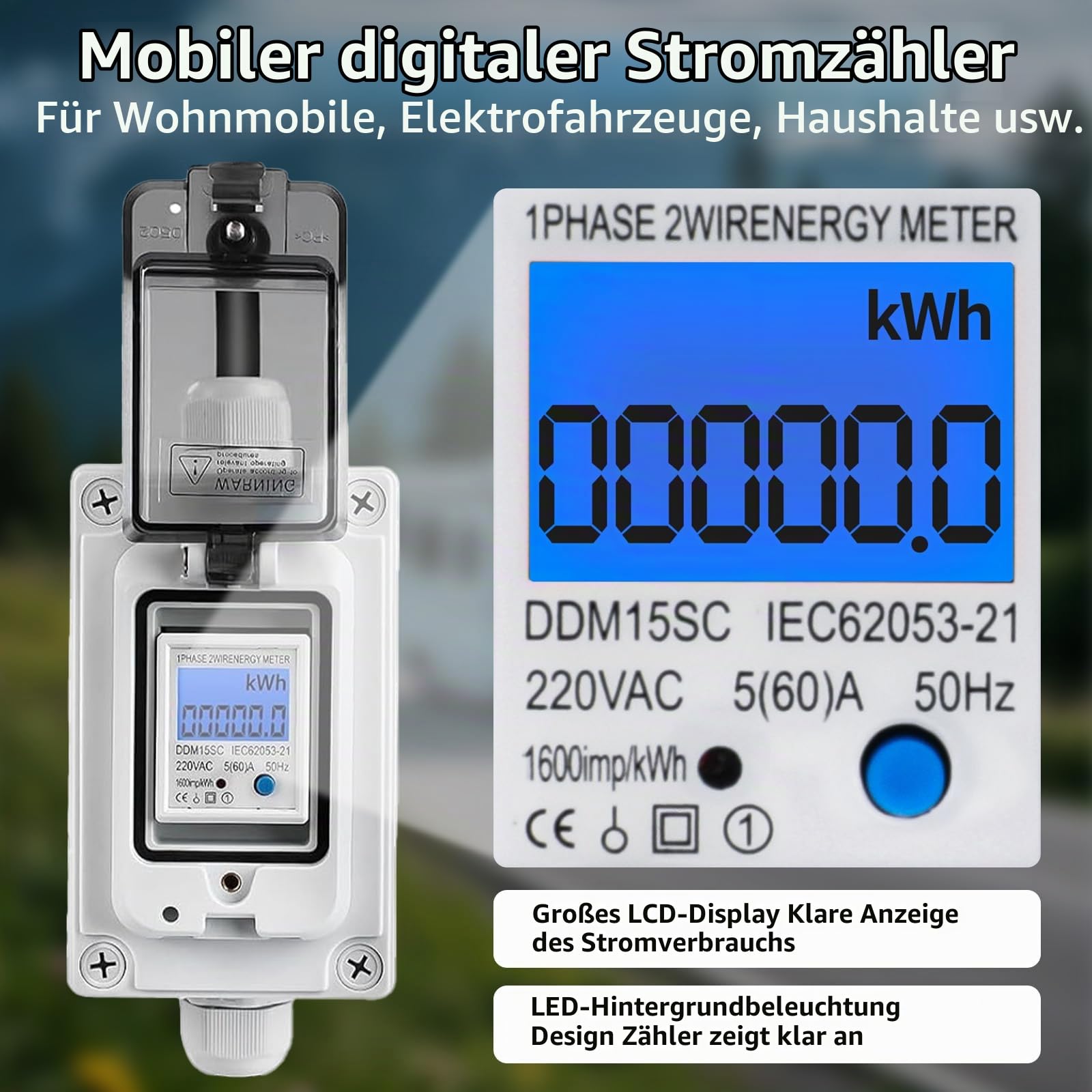 Mobiler Digitaler Stromzähler 230V 16A – Digitaler Stromverbrauchsmesser mit IP67 Wasserdich, Gummischlauchkabel, Industriesteck LED Stromzähler mit Reset für Wohnmobile Elektrofahrzeuge Haushalte