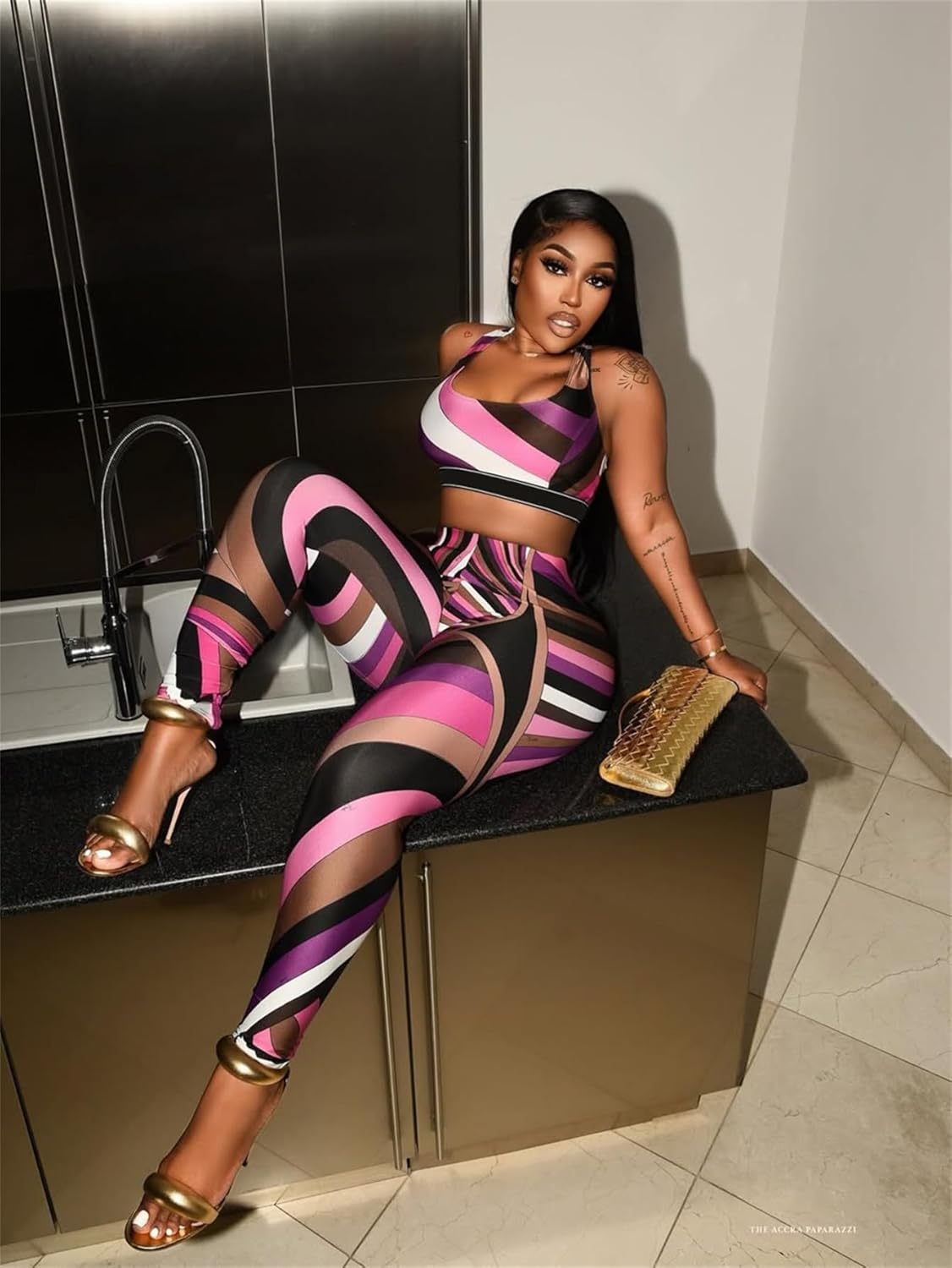 Sexy Club Outfits for Women Print Color Block Crop Top High Waisted Bodycon Pants Set 2 piece Going Out Outfits - Image 4