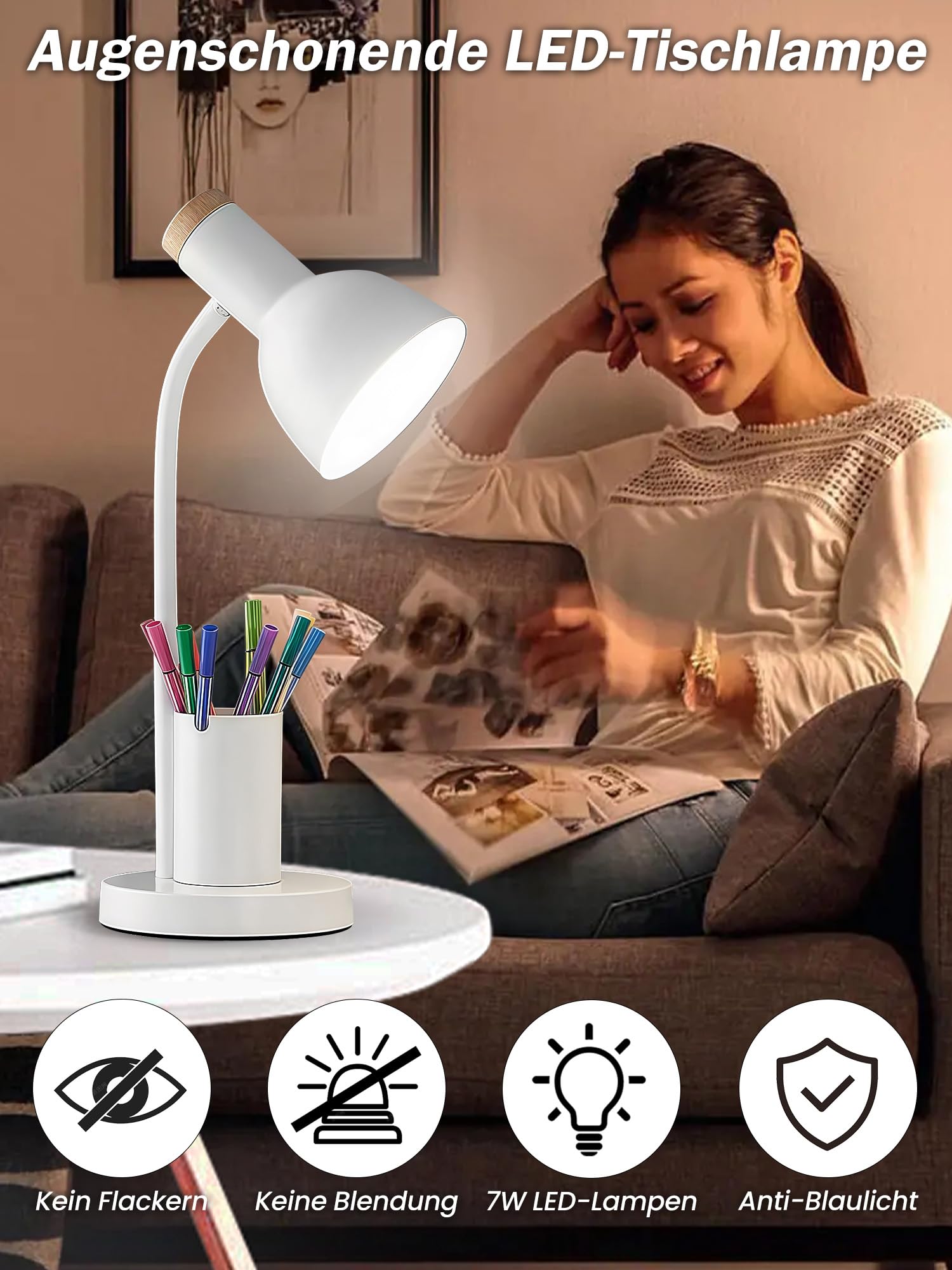 LED Schreibtischlampe mit Stifthalter, augenschonende Schreibtischlampe 3 Farbmodi Leselicht flexible Schwanenhals-Metall-Studienlampe, niedliche Tischlampen für Zuhause Büro Nachttisch Schlafsaal