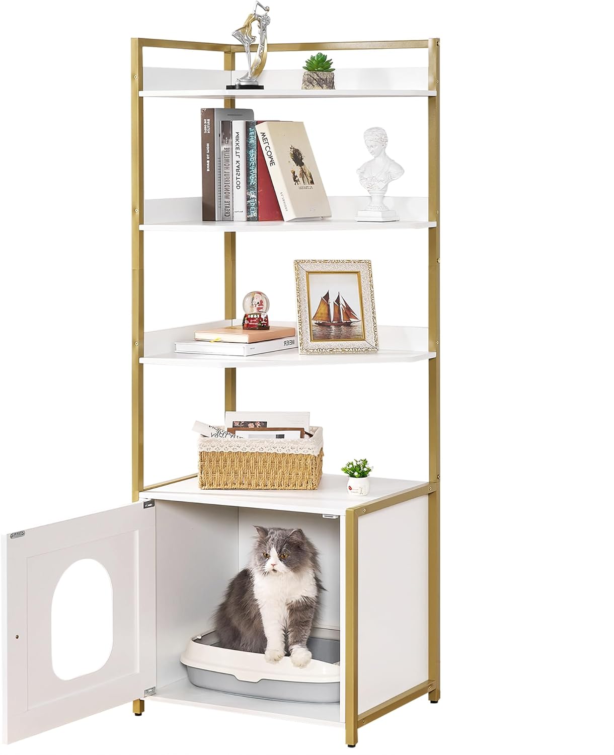 incomplete, missing hardware , Hidden Cat Litter Box for Living Room, Large Narrow Cat Litter Box Furniture with 4 Tier Shelves and Door, White Gold, CMW06J