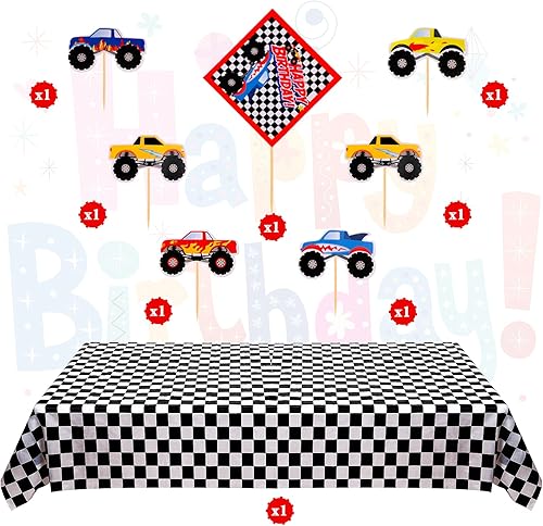 Miniatura 5 de Sumind 83 piezas de suministros para fiesta de cumpleaños de camión, juego de decoración de globos de camión, incluye 1 telón de fondo, 72 globos, 1