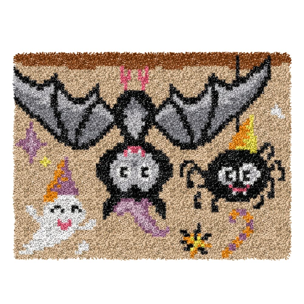 DL-YTG Latch Hook Kits Rug Halloween Bat Crochet Yarn Cushion Colour Pre-Printed Canvas Cover Rug Needlework DIY Hook and Latch Kit Christmas Home Decoration 52x38cm/20 X15inch