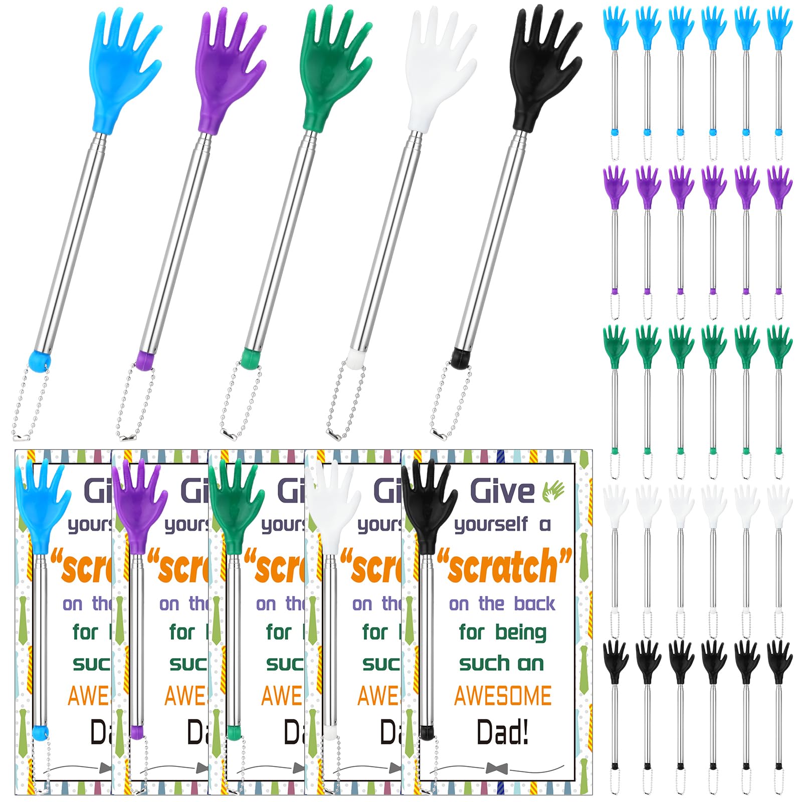 FoldTier 30 Pcs Extendable Back Scratcher Bulk Father's Day Dad Gift Hand Shaped Retractable Back Scratcher with Gift Cards Bags Telescoping Massage Tool for Adults Men Church Birthday