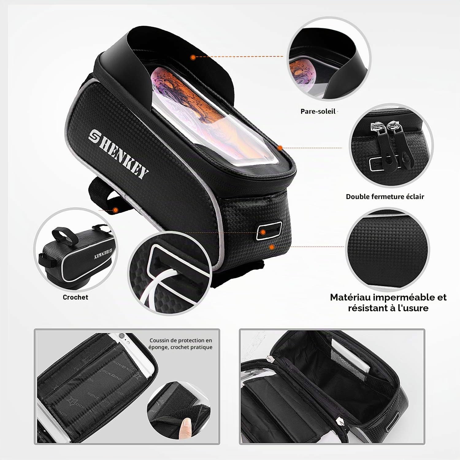 Sacoche de Cadre vélo, Support Telephone Vélo Etanche Sacoche VTT Cadre Pochette Velo Guidon Écran Tactile pour Smartphone sous 6,5 Pouces