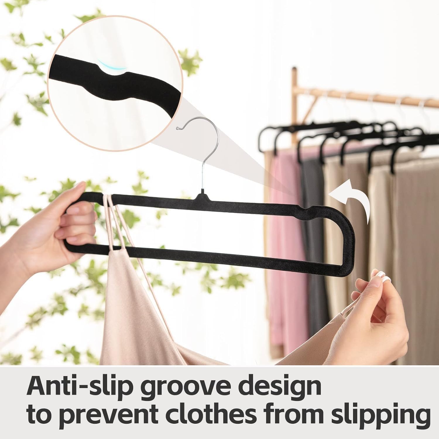 Grucce in velluto antiscivolo, confezione da 20 grucce per pantaloni per armadio, sottili e salvaspazio, resistenti, resistenti, con gancio girevole a 360 gradi, ganci per canottiere (gancio nero