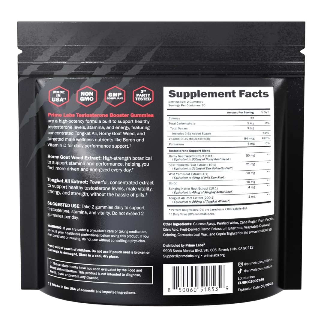 Prime Labs Prime Test Testosterone Booster Gummies for Men - Tongkat Ali, Horny Goat Weed, Saw Palmetto, Boron & Vitamin D3 - Non-GMO, 3rd Party Tested - 60 Count — Amazon image 8