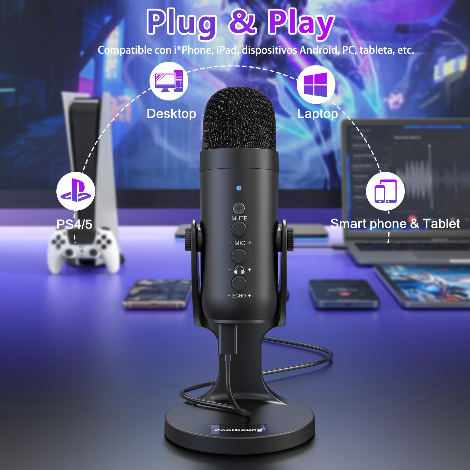 zealsound Micrófono USB para PC, Móvil y Tablet, Micrófono de Condensador de Sobremesa con Reducción de Ruido, Silencio, Monitorización y Eco, para Gaming, Streaming, Podcast, ASMR, Negro