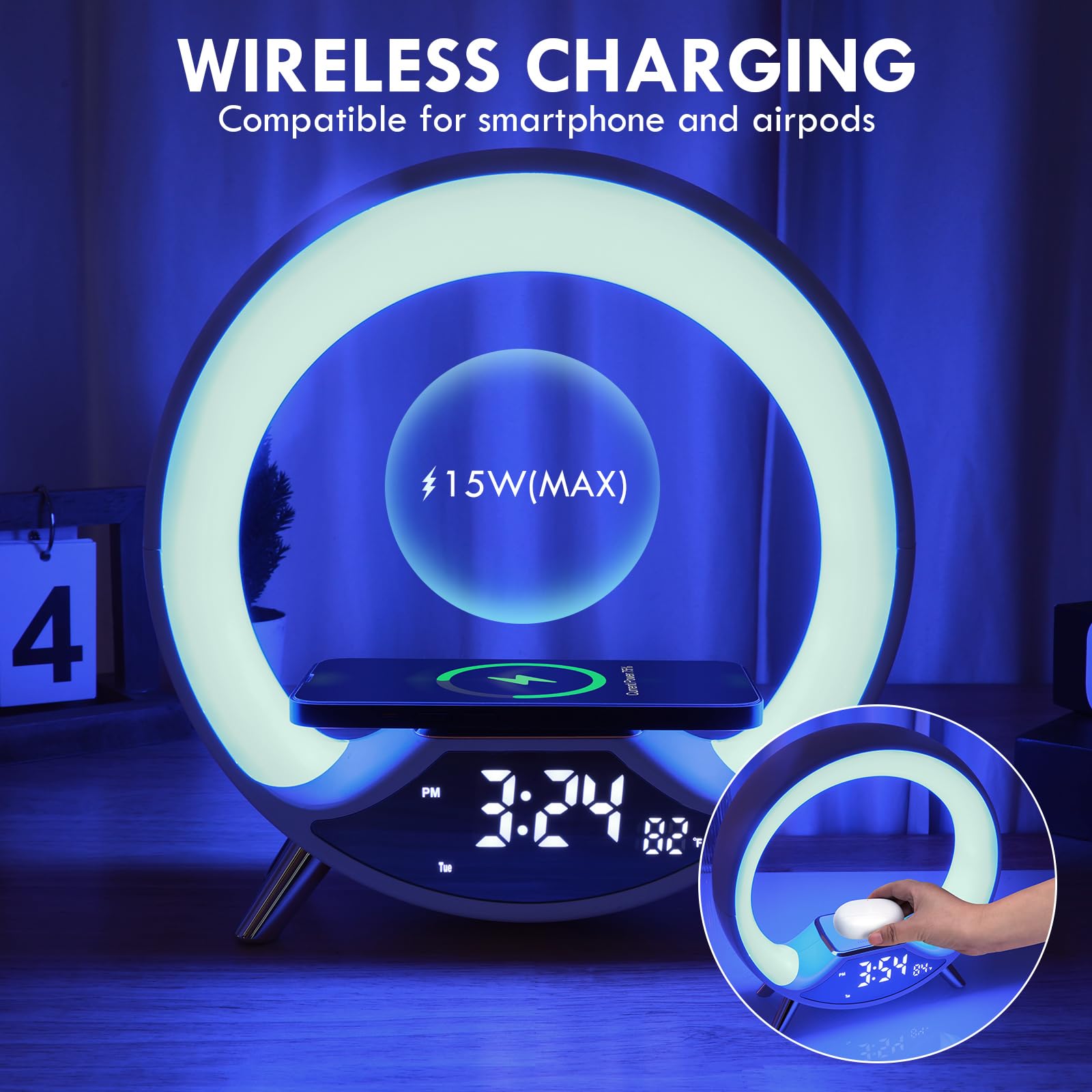 Cuteefun Wake Up Light, Sveglia All'Alba con Stazione di Ricarica da 15W, Luce Sveglia da Comodino con Altoparlante Bluetooth, Doppio Allarme, Radio FM, Oltre 10 Colori di Luce Regolabili, Bianco