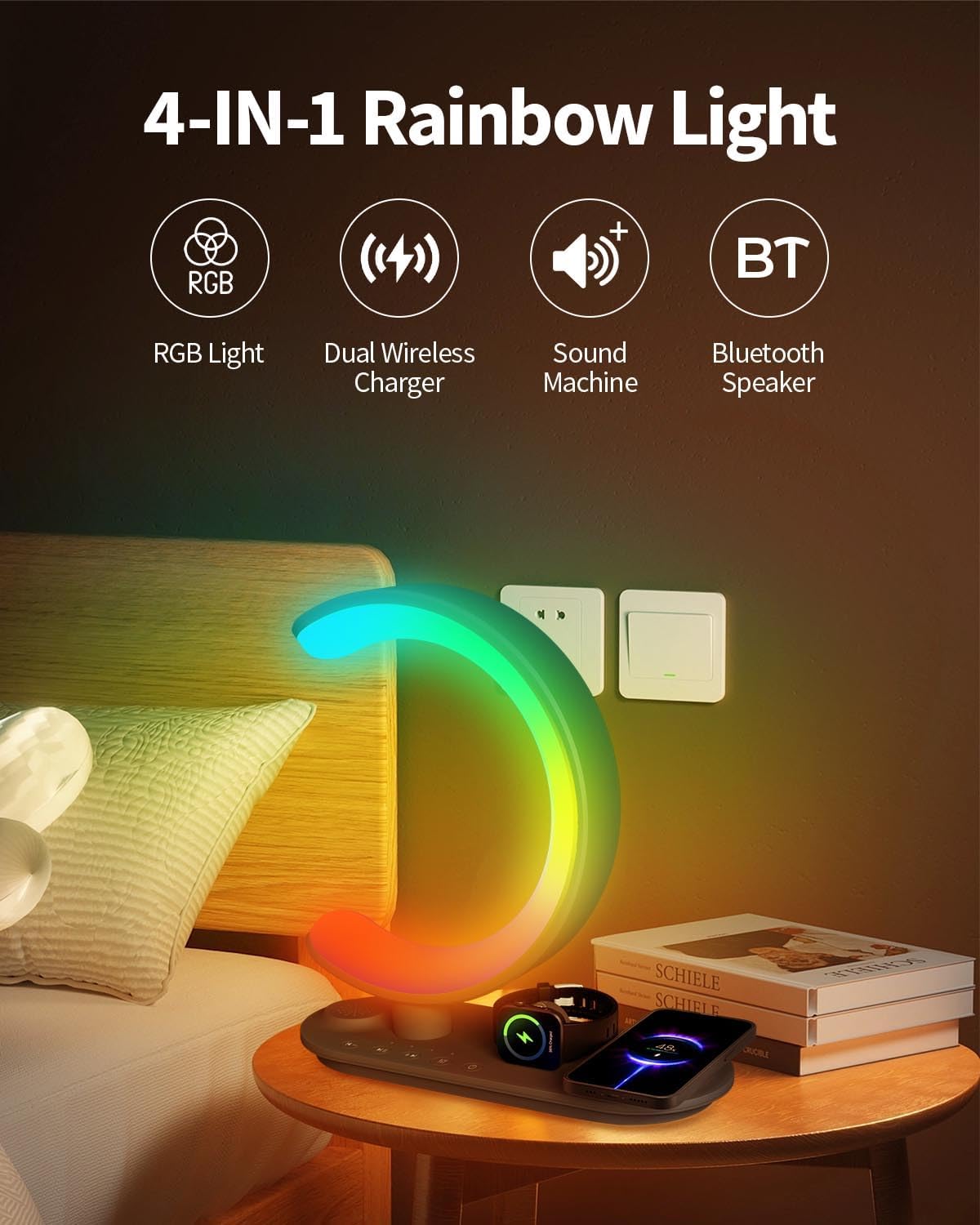 4 in 1 Bluetooth Speaker Night Light with Wireless Charger, Atmosphere Lamp with 24 Soothing Sounds, 16M+ Colors & App Control, Smart Light Sound Machine for Bedroom Home Decor (Grey)
