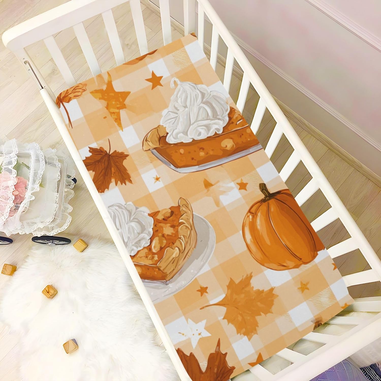 Crib Sheets Baby for Boys Girls Breathable Neutral Toddler Bed Sheets for Standard Size Toddler Mattress 39x27 Inch Thanksgiving Pumpkin Cakes Yellow