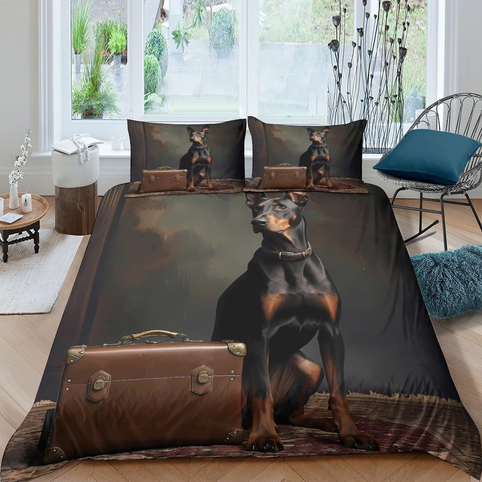 Ctjqhvkz Style-2 3D Printed Doberman Dog Fitted Sheet Microfiber Bedroom Decor Suitcase Bed Cover Anti-Slip Machine Washable Single（135X200cm）