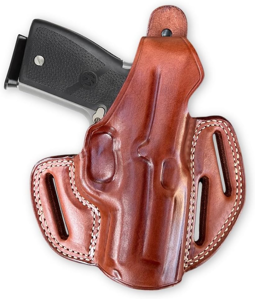 Masc Premium Leather OWB Three Slot Pancake Holster with Thumb Break for K9/P40/CW40/P45/CW45, Right Hand Draw, Brown Color #1112#