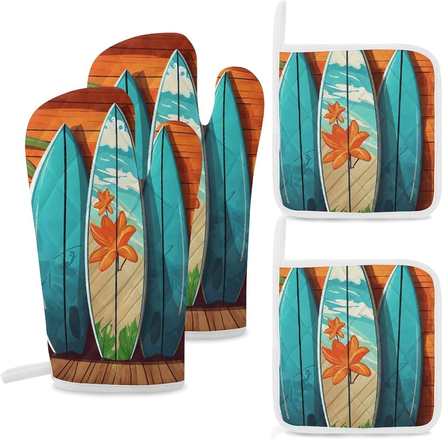 4-Piece Oven Mitts and Pot Holders Set Surfboard on Wooden Printed Heat-Resistant Polyester Kitchen Gloves and Potholders Comfortable & Durable for Cooking Baking and Grilling
