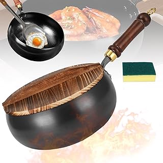 Jinswhdre Cast Iron Skillet, Japanese Wok, Large Cast Iron Braiser, Hand-Forged Non-Coated Frying Pan for Gas, Suitable for Any Stove, with Lid and Wooden Handle (wooden lid, 11.02in)