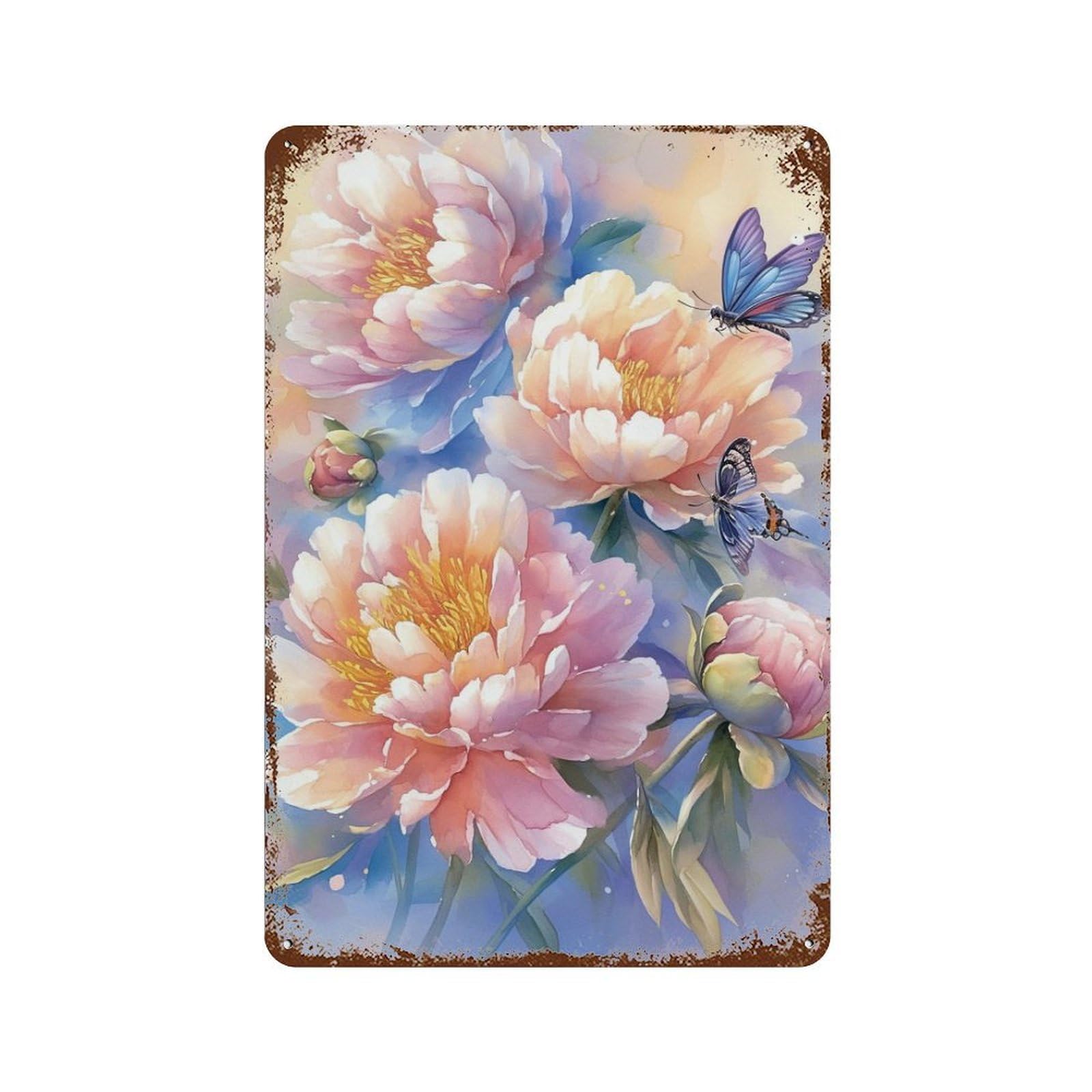 Peony Flowers with Butterflies Decorative Tin Sign 11.8"x7.9", Vintage Wall Decor for Garage, Pub Or Kitchen