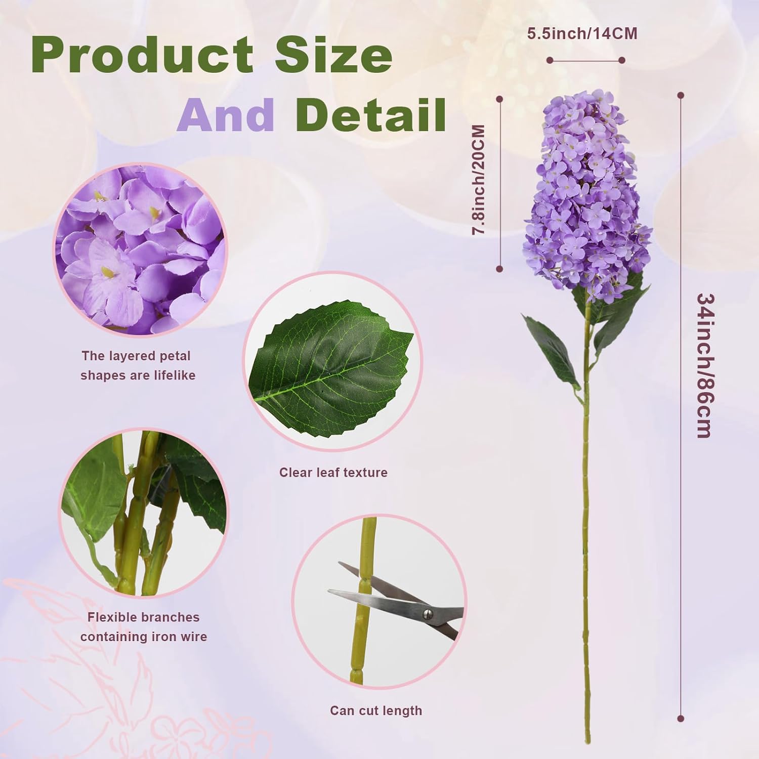 4pcs Purple Hydrangea Artificial Flower, 33.5" Long Stem Real Touch Conical Fake Hydrangea Silk Flowers, for High Vase Flower Arrangements Decoration, Family Farmhouse, Hotel Decor (Purple) - Image 2