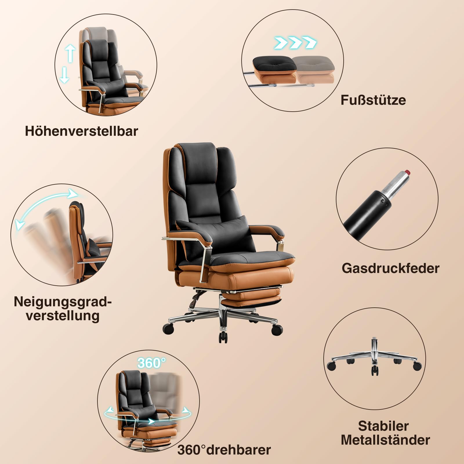 Bürostuhl Ergonomisch, PU Leder Chefsessel, Bürostuhl 200kg mit Fußstütze und Lendenwirbelstütze, Home Office Stuhl Verstellbarer Stuhl mit hoher Rückenlehne, Schwarz