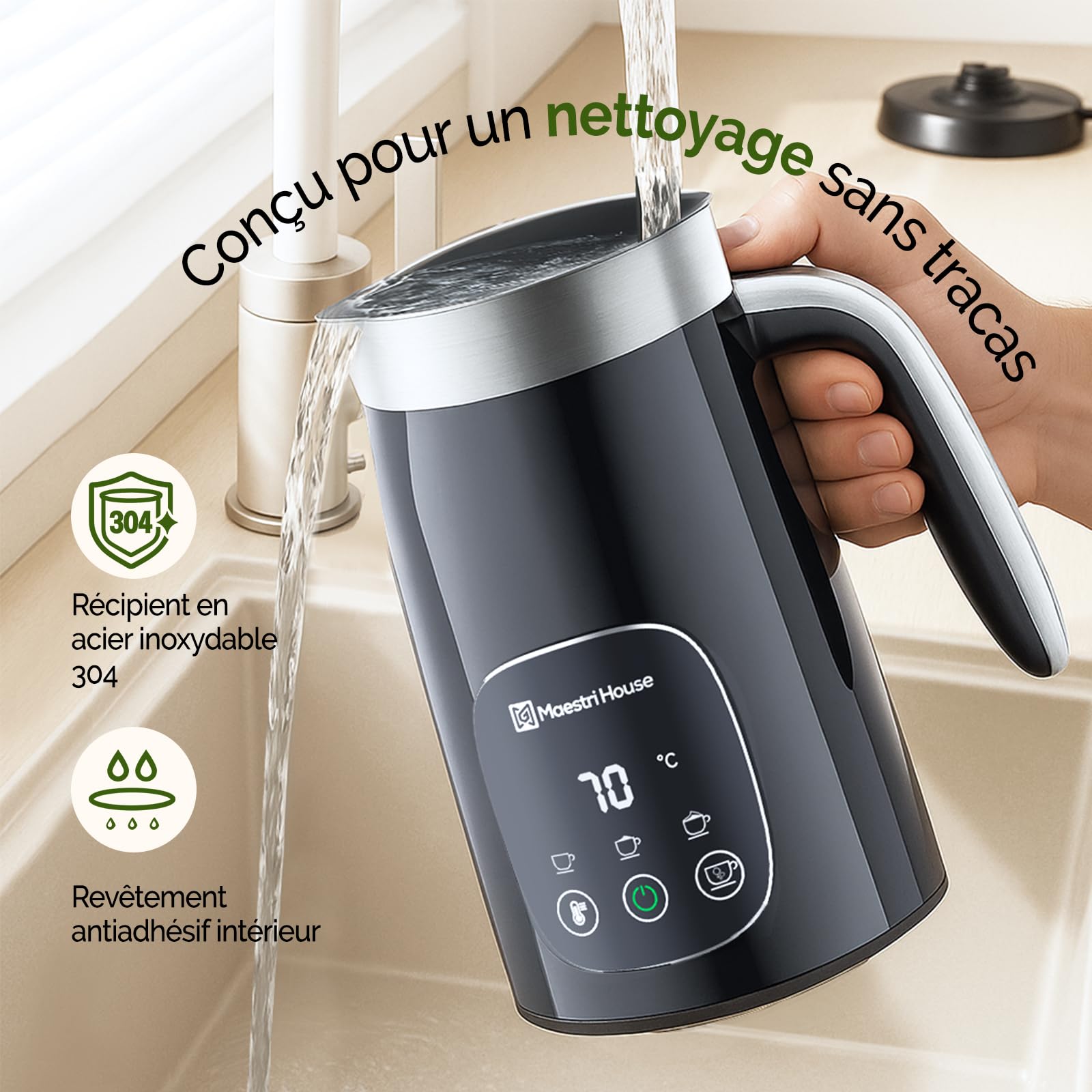Maestri House Mousseur à Lait 4 en 1, 400 ml Tactile Réglable