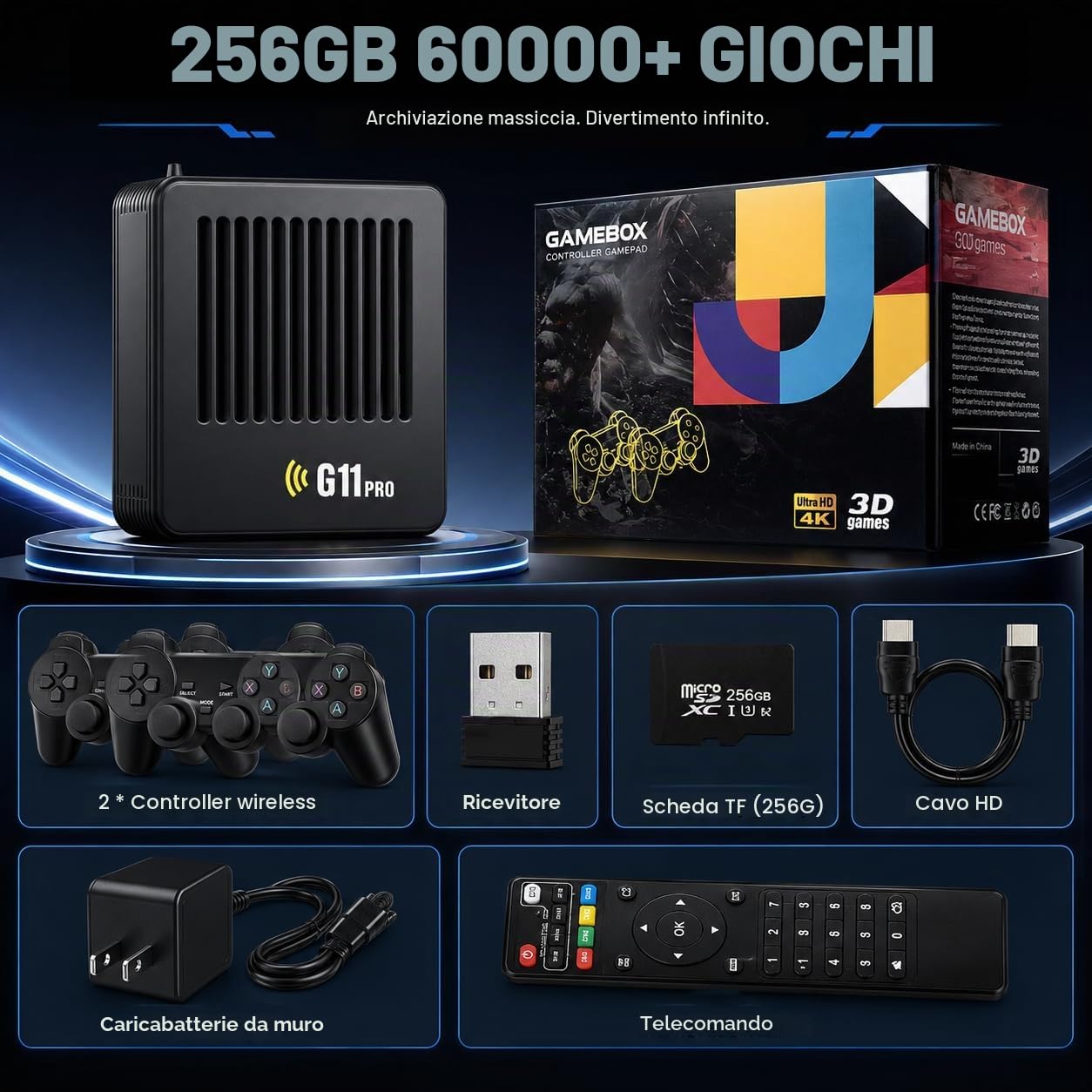 G11 Pro Game Box con 100000 Giochi, Console per videogiochi Plug and Play con 2 controller wireless, 256 GB di memoria