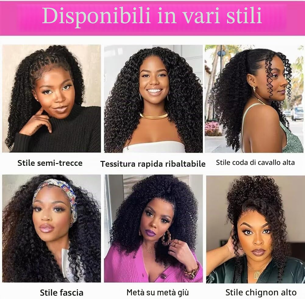 Parrucca Donna Capelli Veri Umani Kinky Curly Half Wig Human Hair Wear Go Glueless Wigs Curly 3 In 1 Half Wigs Drawstring Seamless Flip Headband Wig Beginner Friendly Parrucca Riccia Donna 14 Inch
