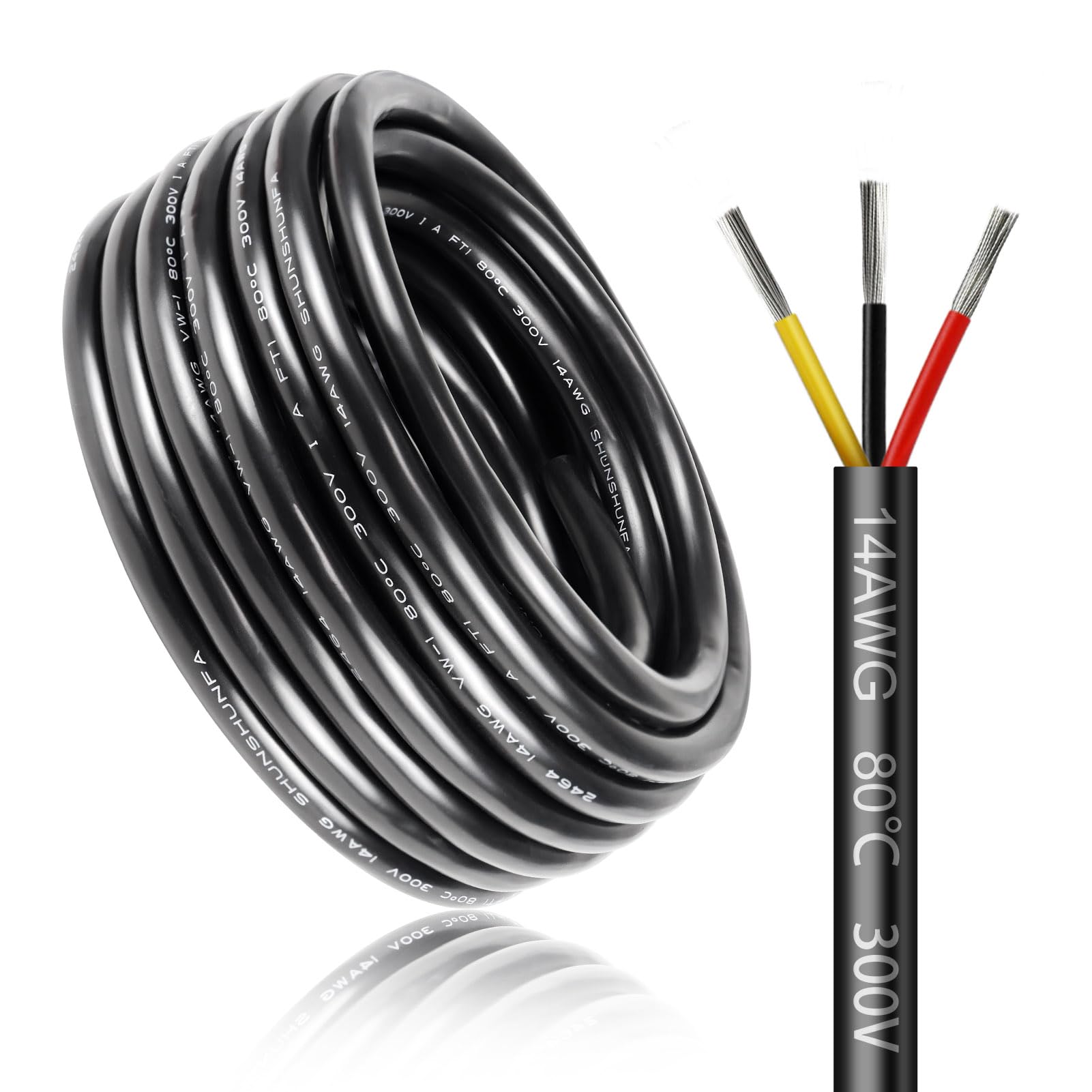 30 m 14AWG 3 x 2,0 mm² kabel elektryczny, 3-żyłowy kabel 5 V/12 V/24 V/300 V, kabel zasilający, ocynkowany kabel miedziany, elastyczny i miękki, niska impedancja, wysoka odporność na temperaturę