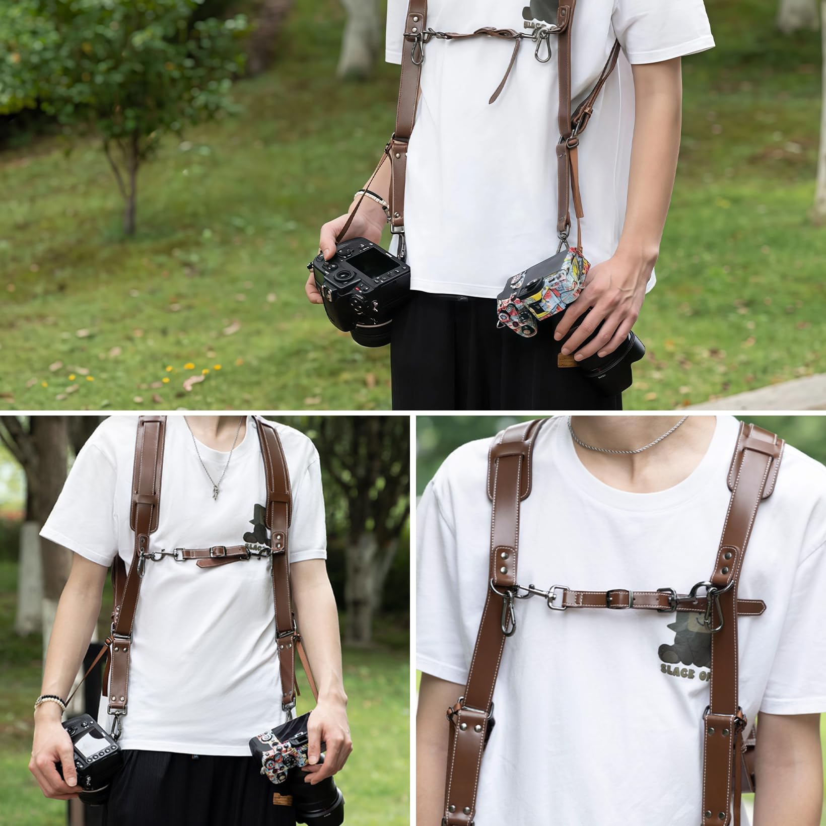 Tracolla per fotocamera, in pelle, accessorio per fotocamera Dual Harness per due fotocamere, doppia tracolla regolabile, doppia fotocamera per fotografi (pelle)