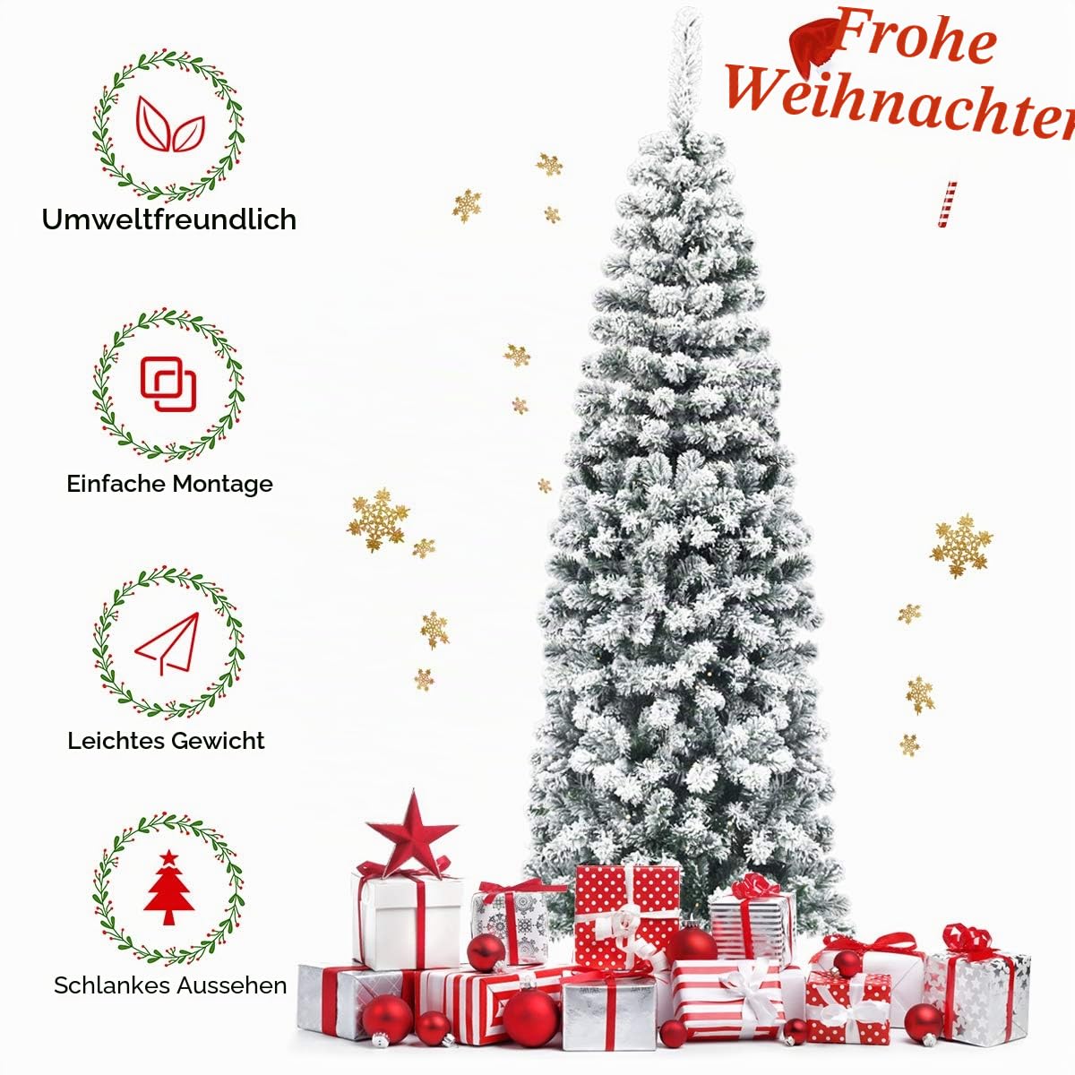 GIANTEX Weihnachtsbaum mit Schnee, Tannenbaum Künstlich 180 cm, Bleistift Weihnachtsbaum schmal, Christbaum Künstlich wie Echt, Christmas Tree, Klappsystem, Kunstbaum Dekobaum Weihnachten PVC Nadeln