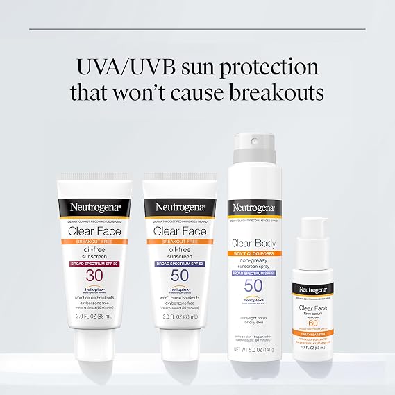 Neutrogena Clear Face Sunscreen Lotion SPF 50 for Acne-Prone Skin Broad Spectrum UVA UVB Protection Oil-Free No-Fragrance No-Oxybenzone Water-Resistant Daily Face Moisturizer, 3 fl oz