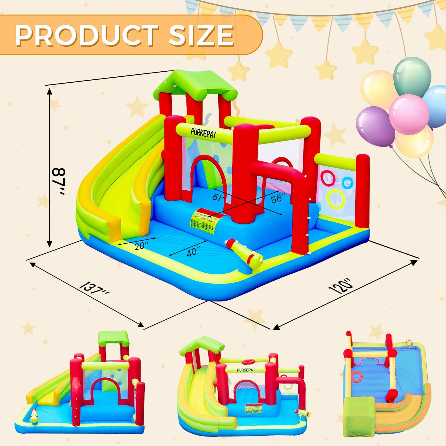 Inflatable Bounce House,Water Slide Park Slide Bouncer with Ball Shooting,Climbing Wall,Jumping and Splash Pool,Jumping Castle with Slide,Kids Bouncy Castle with 520W Blower for Outdoor Backyard