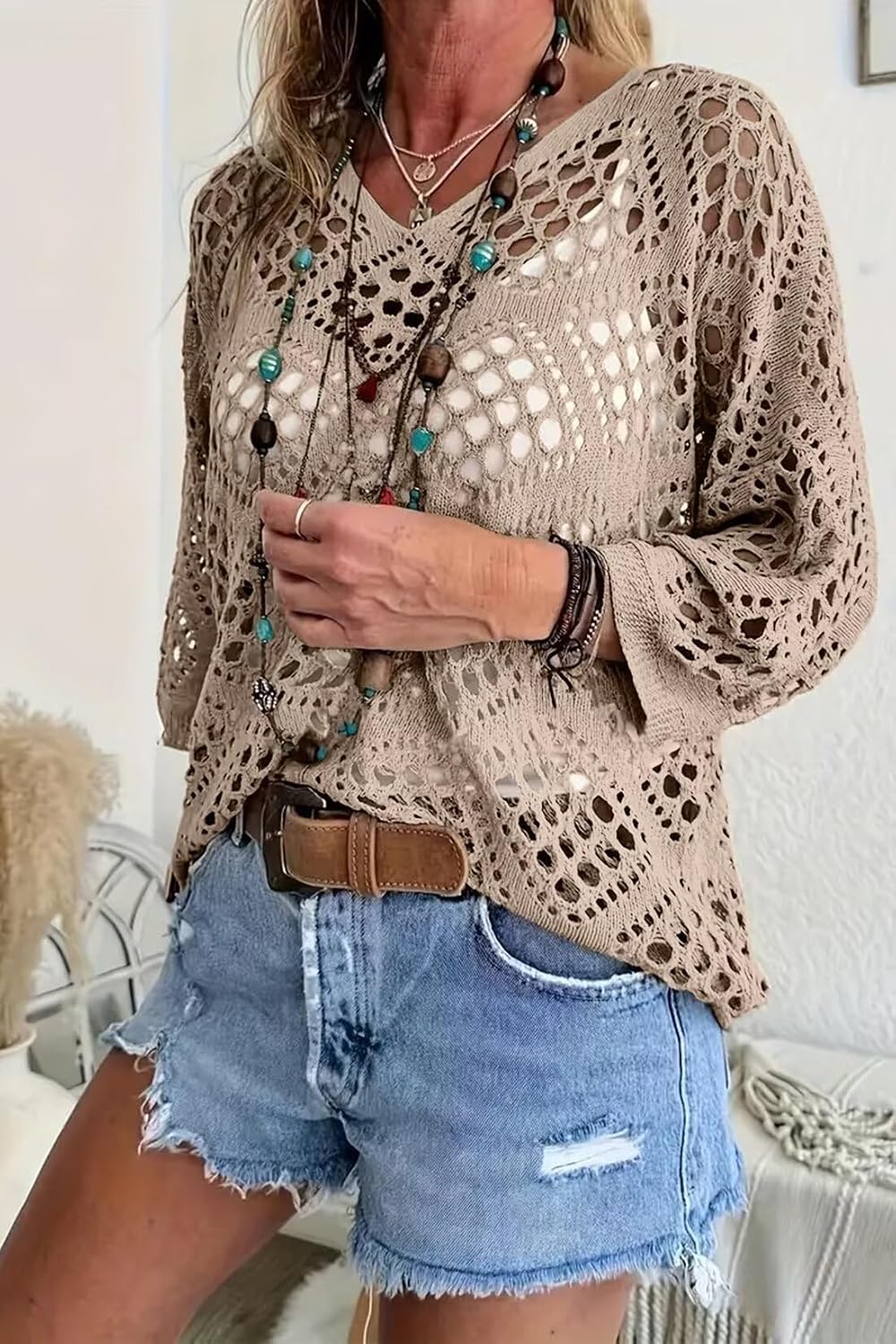 Allimy Womens Boho Crochet Tops Beach Cover Ups Summer Sweaters