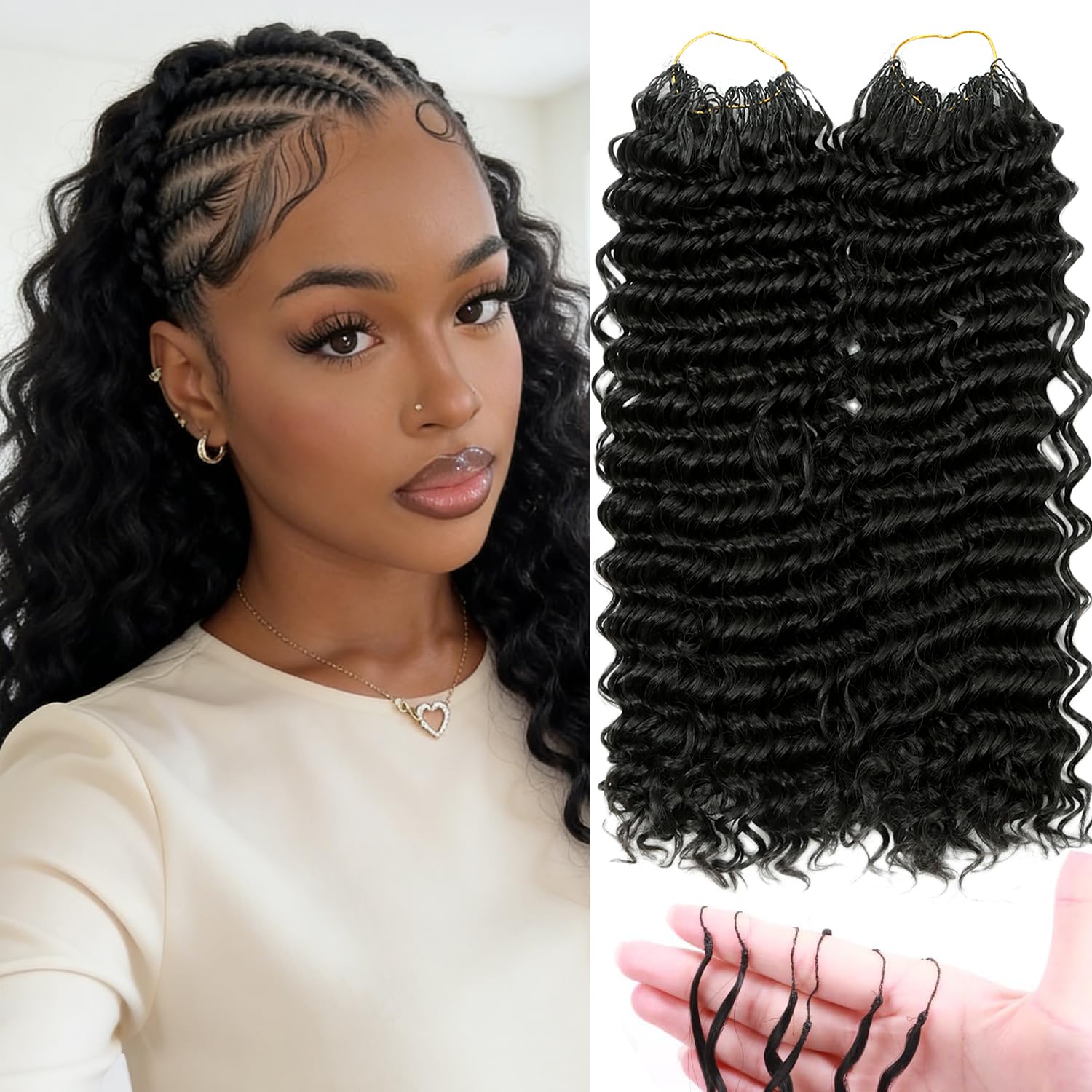 Curly Feather Crochet Hair Human Hair Feeling 100 Roots Pre-Separated miracle knot 16 Inch Water Wave crochet Hair For Black Women (16 Inch-100 Roots, 1B#) 16.0 Inches 1B