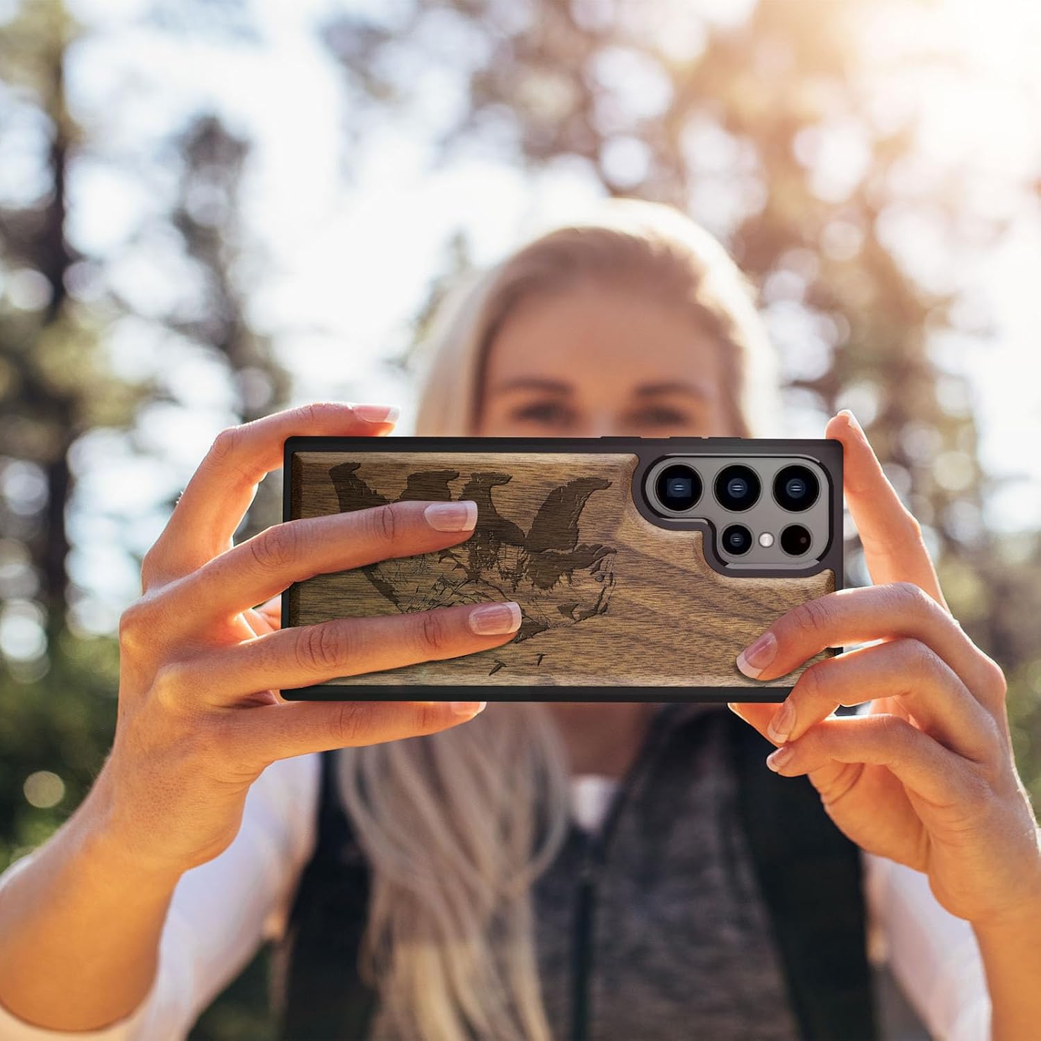 Carveit Wood Case for Galaxy S24 Ultra Case [Natural Wood & Black Soft TPU] Shockproof Protective Cover Unique Wooden Design Compatible with Samsung S24 Ultra (Bear and Valleys-Walnut)