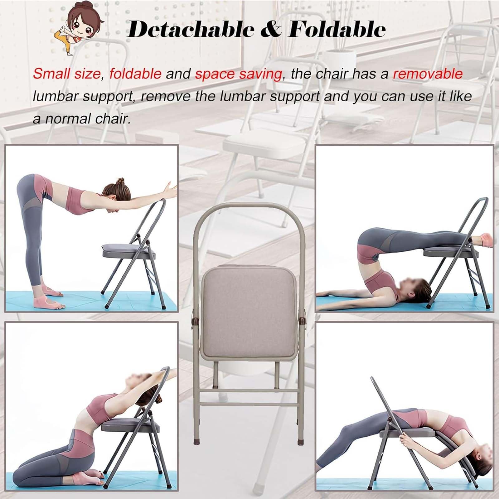 Silla de yoga portátil con soporte lumbar, taburete plegable para ejercicios de estiramiento y rotación, silla plegable de metal resistente para uso doméstico, asiento auxiliar compacto