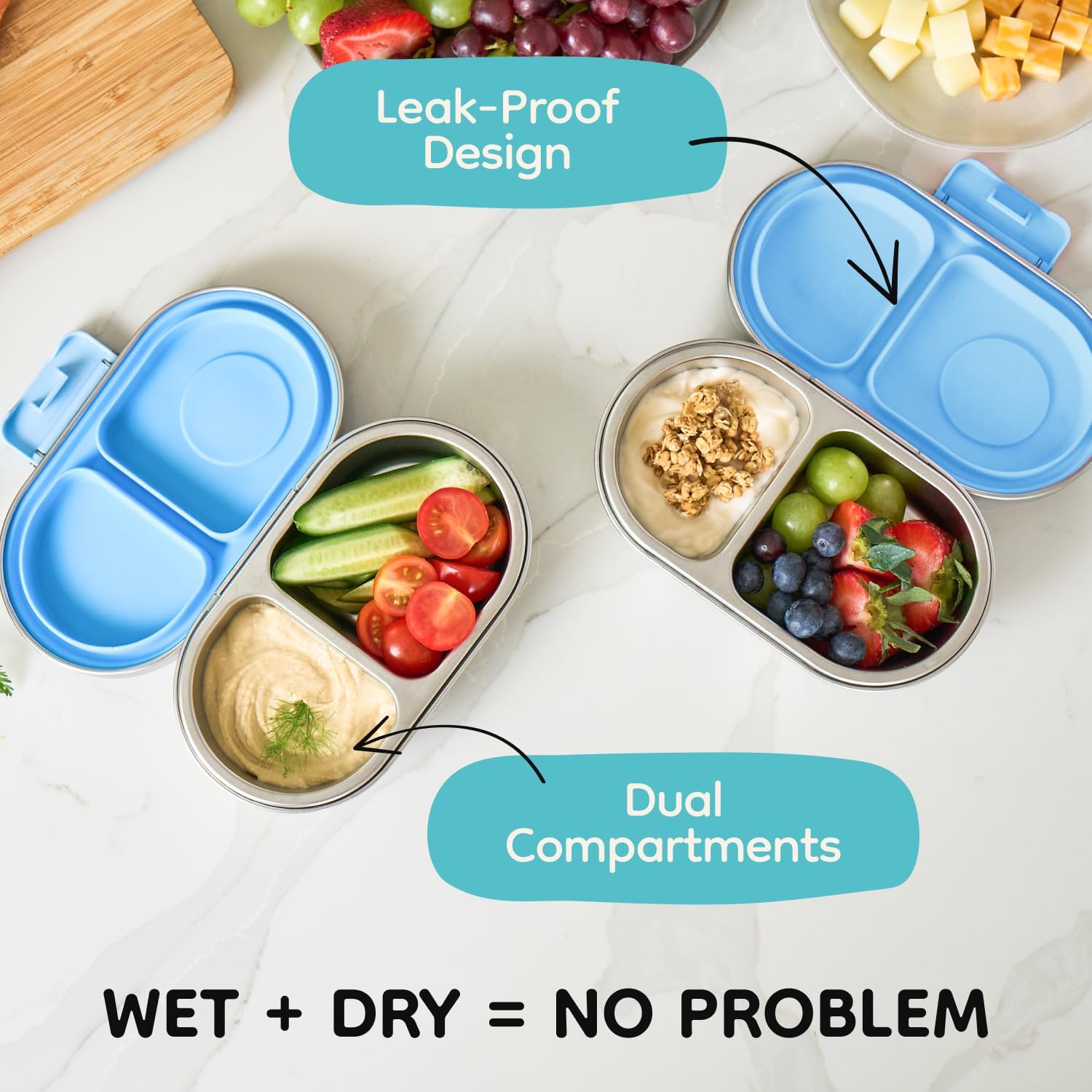 Good Bare Stainless Steel Snack Container for Kids – 2 Compartment Metal Bento Box, Leakproof, Non-Toxic, Easy-Open Latch, Dishwasher Safe, Small Snack Pack, Perfect for On-the-Go (Sky Blue)
