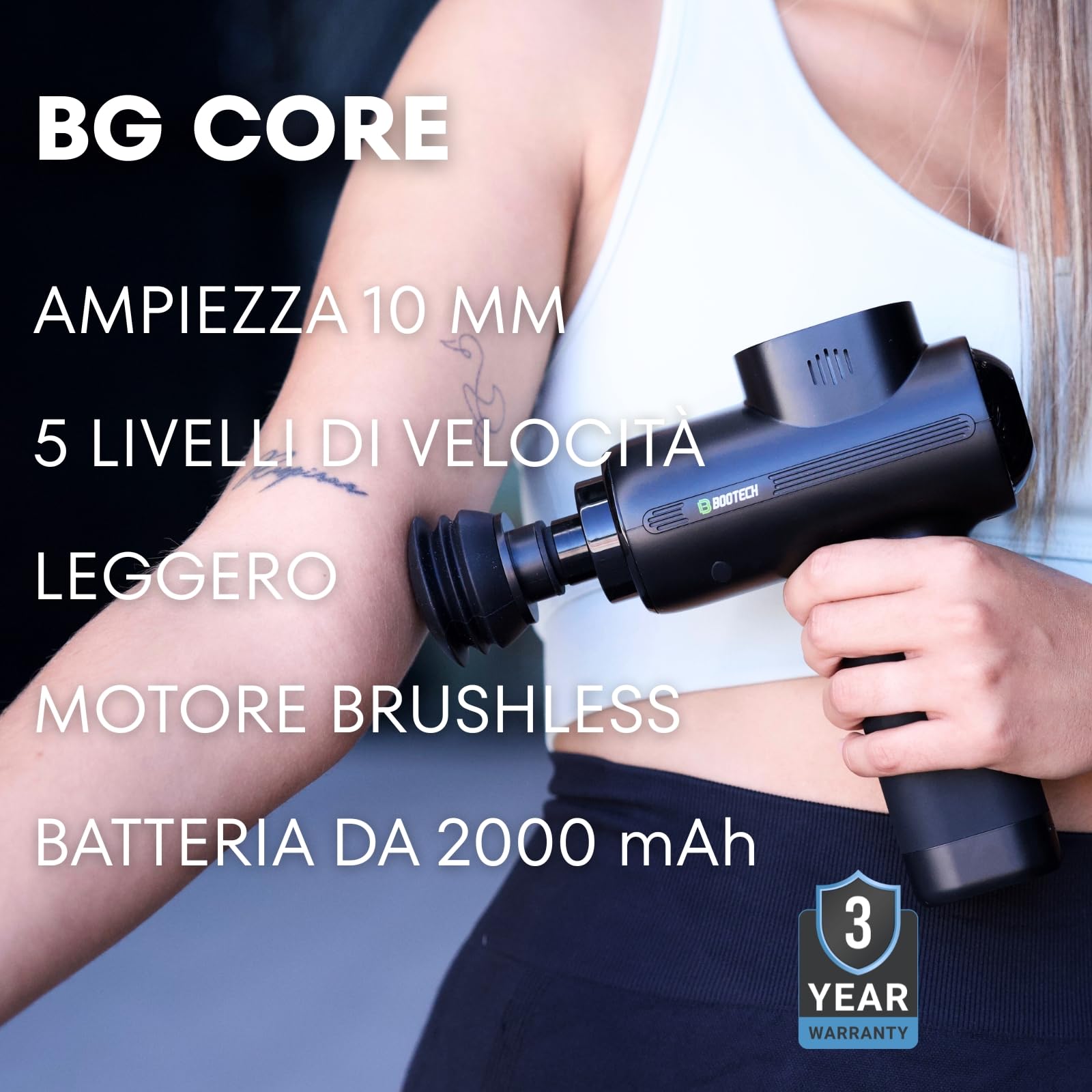 BOOTECH Pistola per massaggi muscolari, massaggiatore professionale a tessuto profondo con 10 mm di ampiezza, massaggiatore silenzioso con 5 teste& 5 velocità per recupero sportivo, sollievo dal