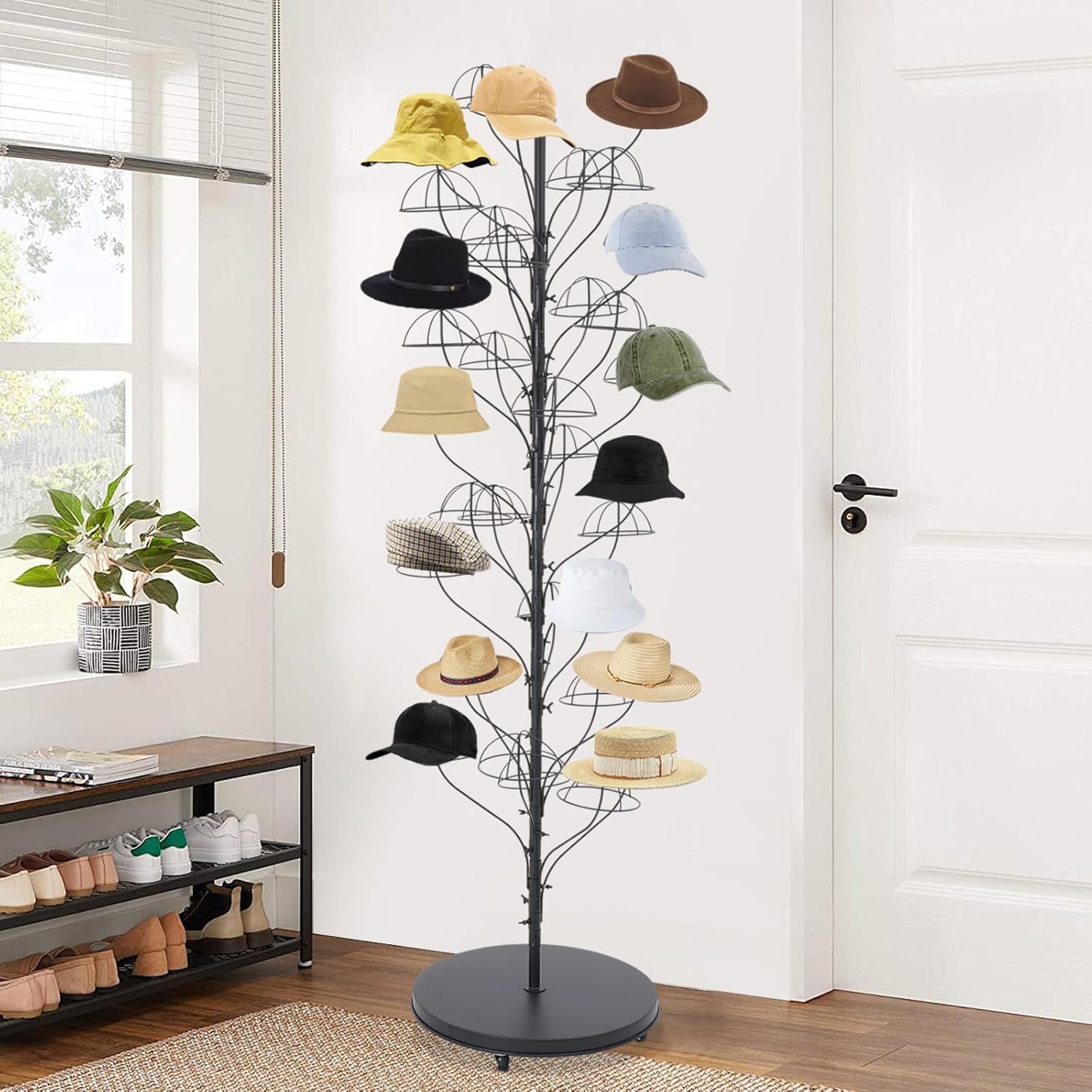 35-hanger Metal Hat Rack, Retail Freestanding Hat Wig Display Stand, Floor-Standing Holder Stand for Hat Wig, Commercial Large Hats Organizer Cap Hanger (Black)
