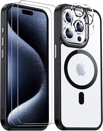 Miniatura 1 de Temdan Funda magnética transparente para iPhone 15 Pro Max, compatible con Magsafe, 2 protectores de pantalla de vidrio + protector de lente de