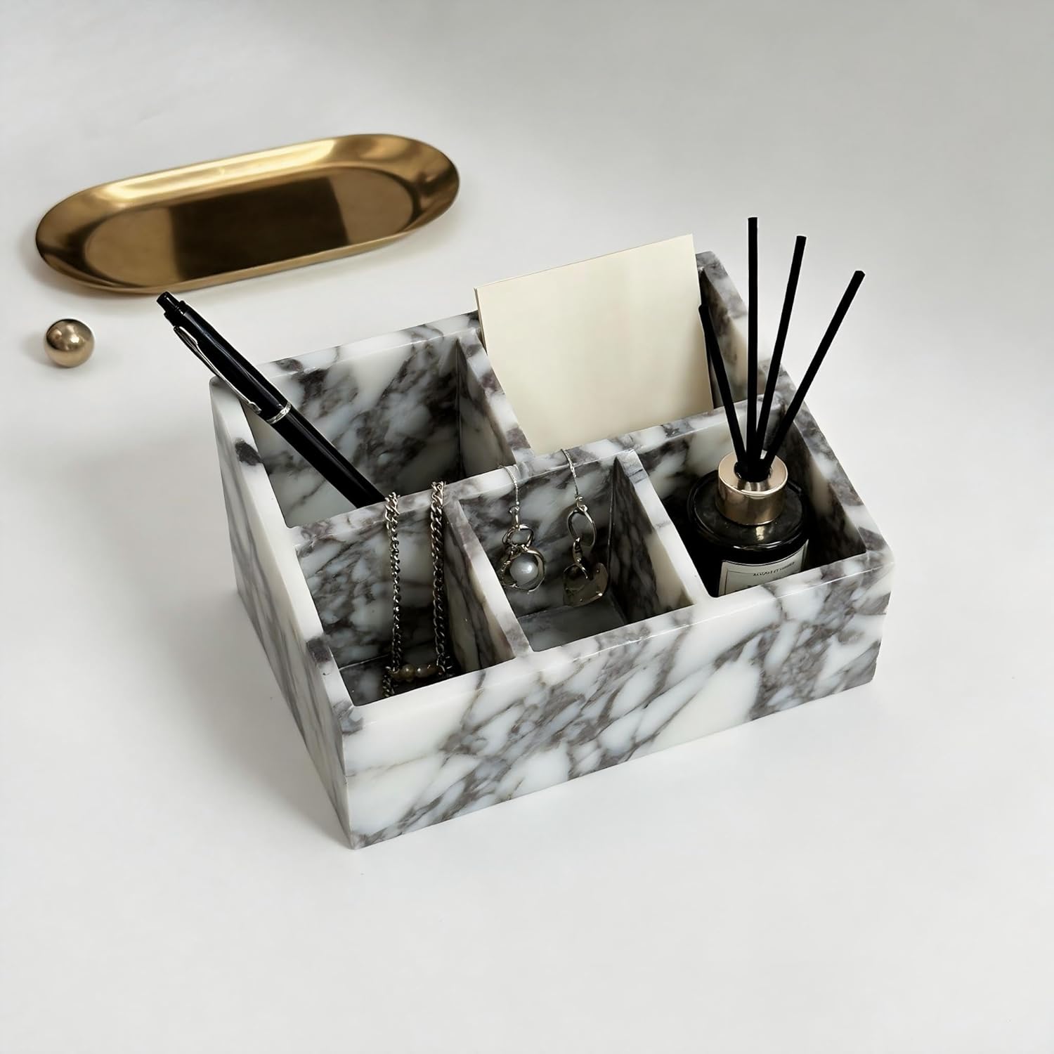 Marble Desk Organizer with 3 Compartments, White and Purple Pattern, Modern Design (White-pro)