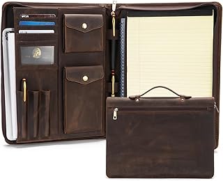Portfolio aus echtem Leder mit verstecktem Griff, Padfolio mit Reißverschluss, A4, Notizblock, Business-Mappe für Damen/Herren, dunkles Khaki