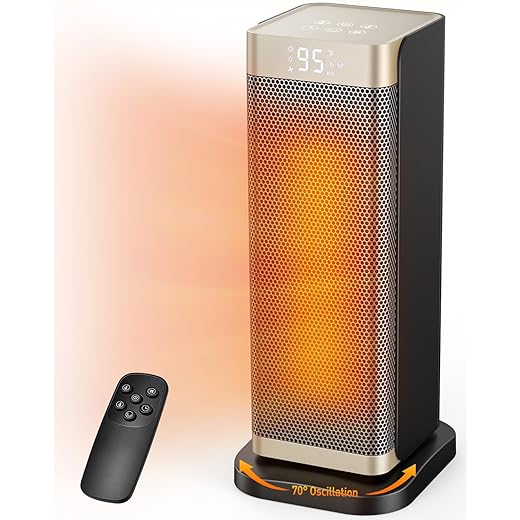 Space Heaters for Indoor Use, 1500W Electric Heater with Thermostat, 70° Oscillation, Remote Control, 3 Modes, 12H Timer, Portable Heater for Bedroom, Office, Home